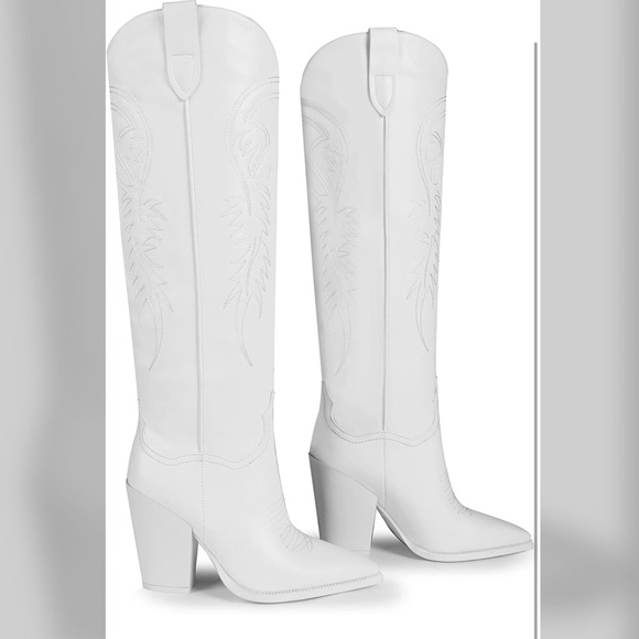 Country Cowboy cowgirl white knee high heels block boots - Picture 3 of 16